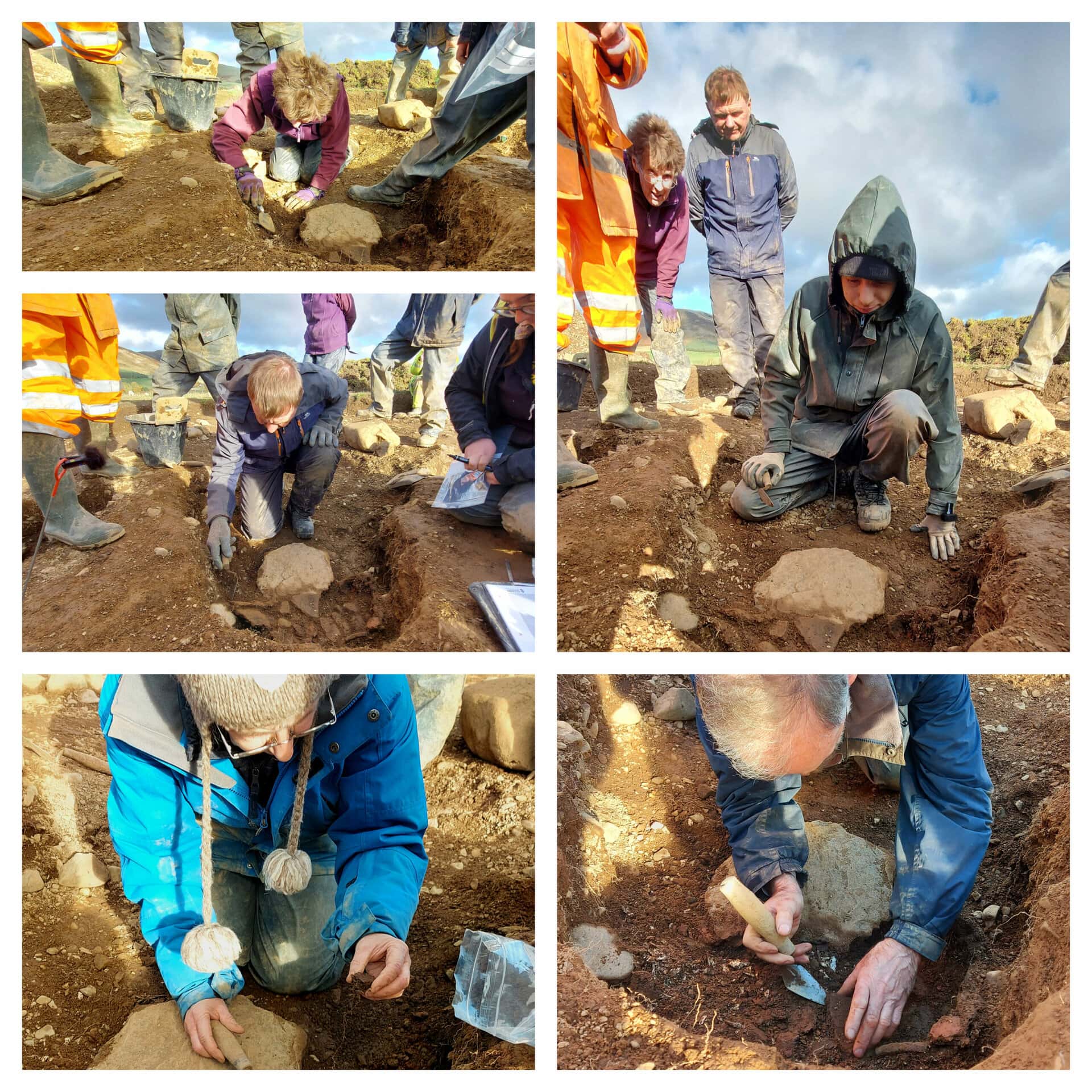 Excavating the cremation pot urn, Thirlestane Barrows
