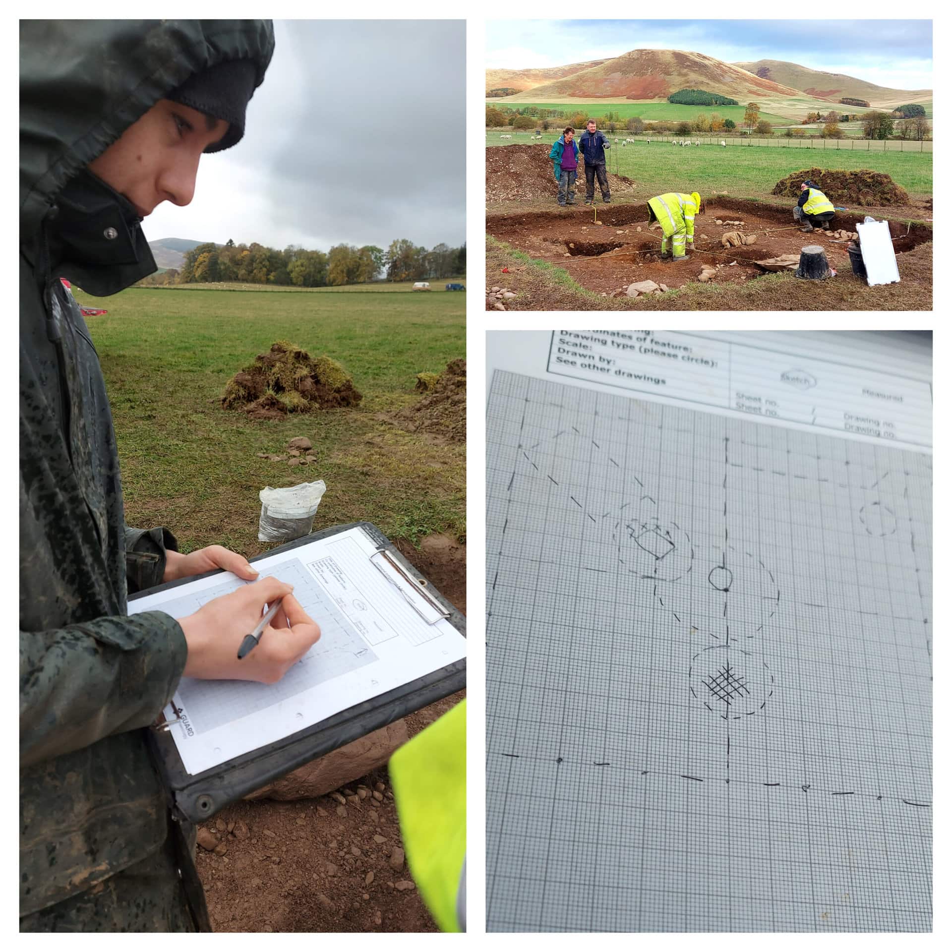 Charlie sketching Trench quadrant, Thirlestane Barrows