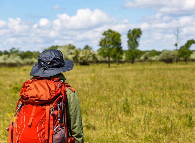 Photo of a woman with a red rucksack on her back in a summery landscape of a field and trees